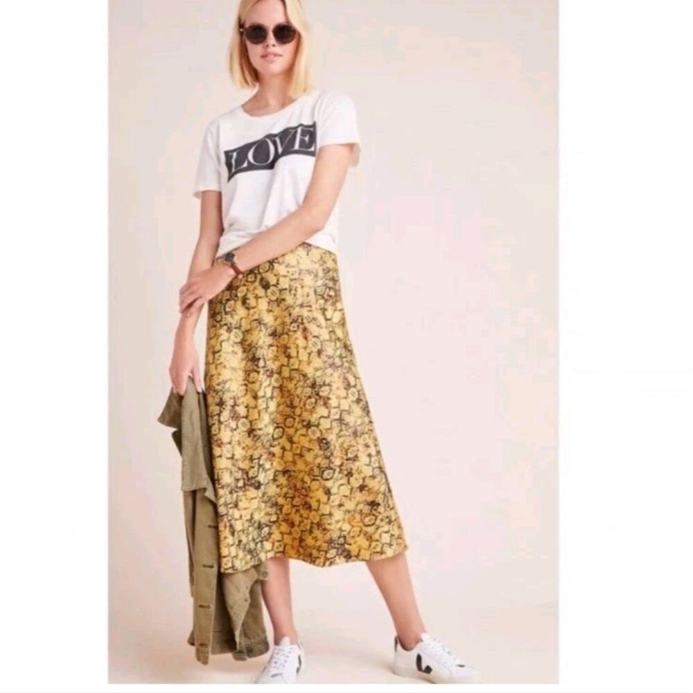 Anthropologie - Current Air Yellow and Black Snakeskin-Print A-Line Skirt XS